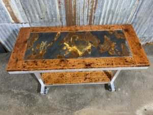 Top view of the Distressed Metal Inlay Worktable