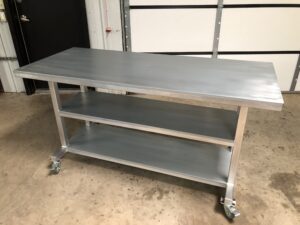 Angled view of long Galvanized Series Worktable