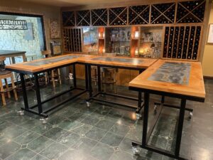 Long and shaped Distressed Metal Inlay Worktable