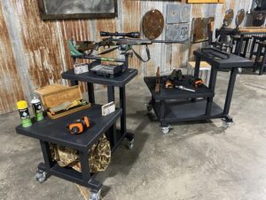 Side view of two shooter benches at the workshop