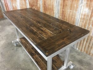 Longitudinal view of the Hardwood Planked Worktable
